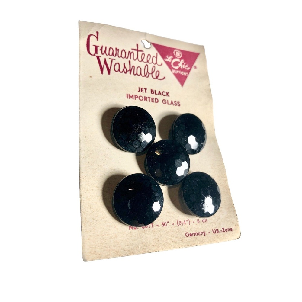 Vintage 1940s Le Chic Jet Black Glass Buttons on Card Germany US Zone Set of 5